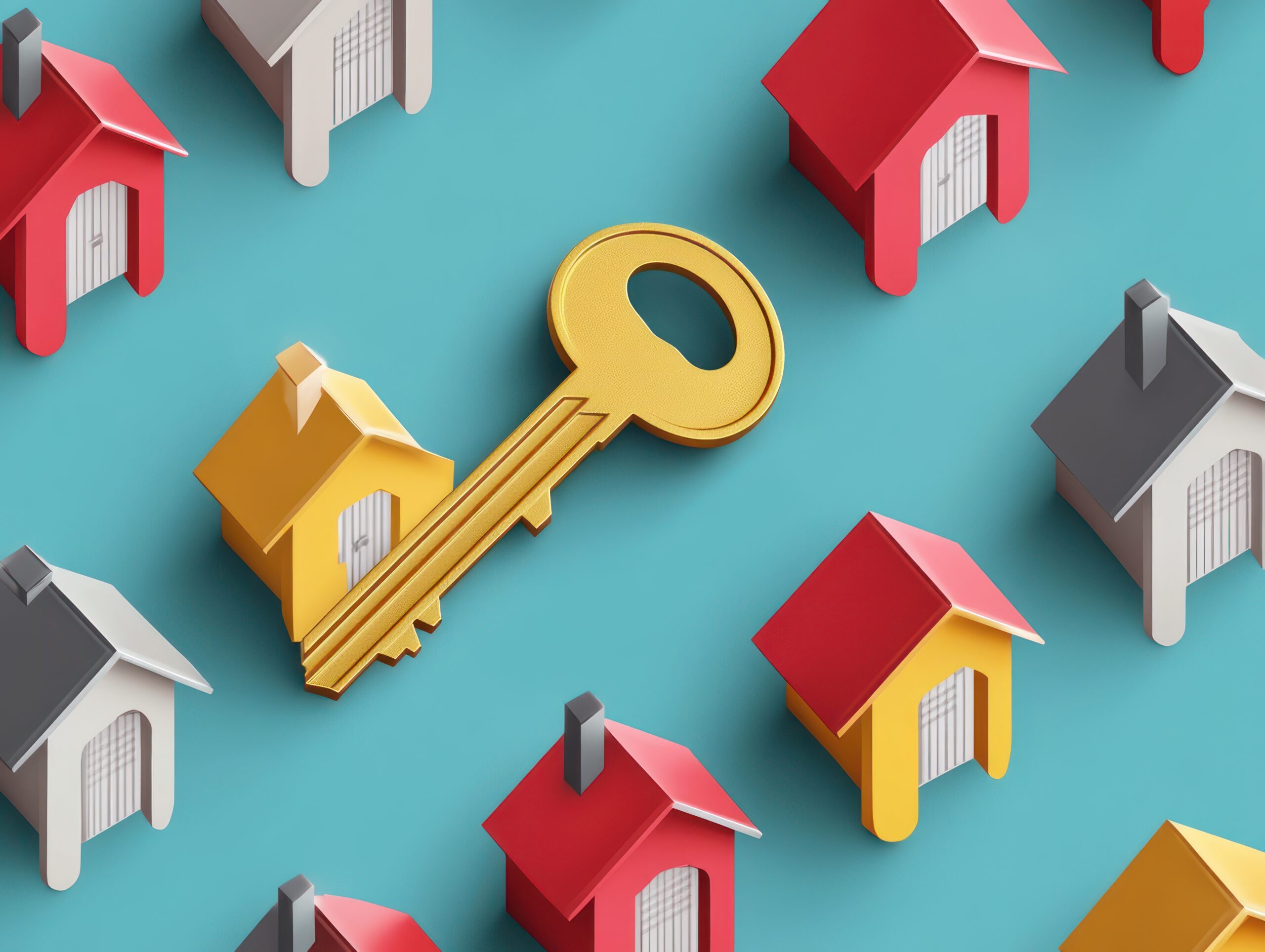 Golden key unlocks house amidst colorful homes; real estate concept