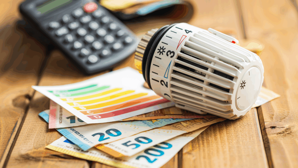 Billets à côté d'une calculatrice et d'un thermostat de radiateur pour illustrer la notion de répartition du budget chauffage en copropriété