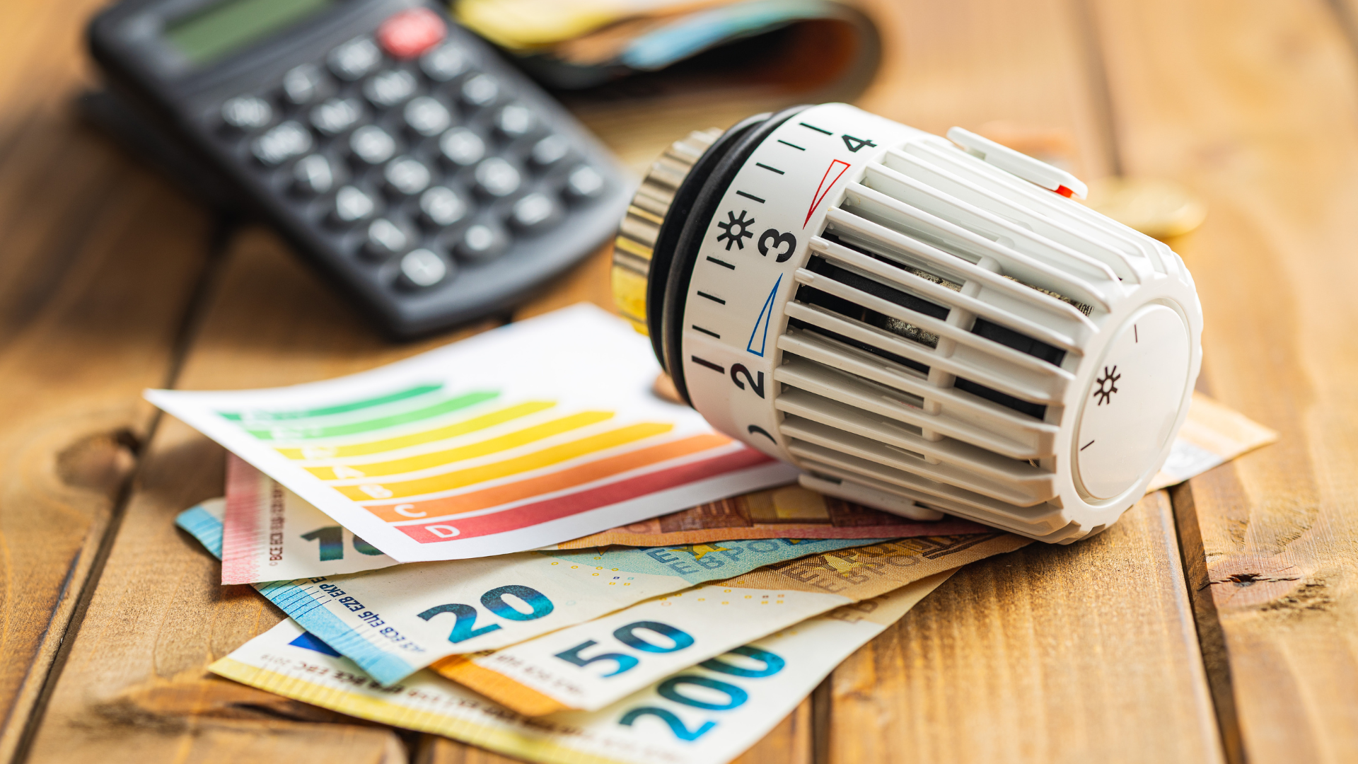Billets à côté d'une calculatrice et d'un thermostat de radiateur pour illustrer la notion de répartition du budget chauffage en copropriété